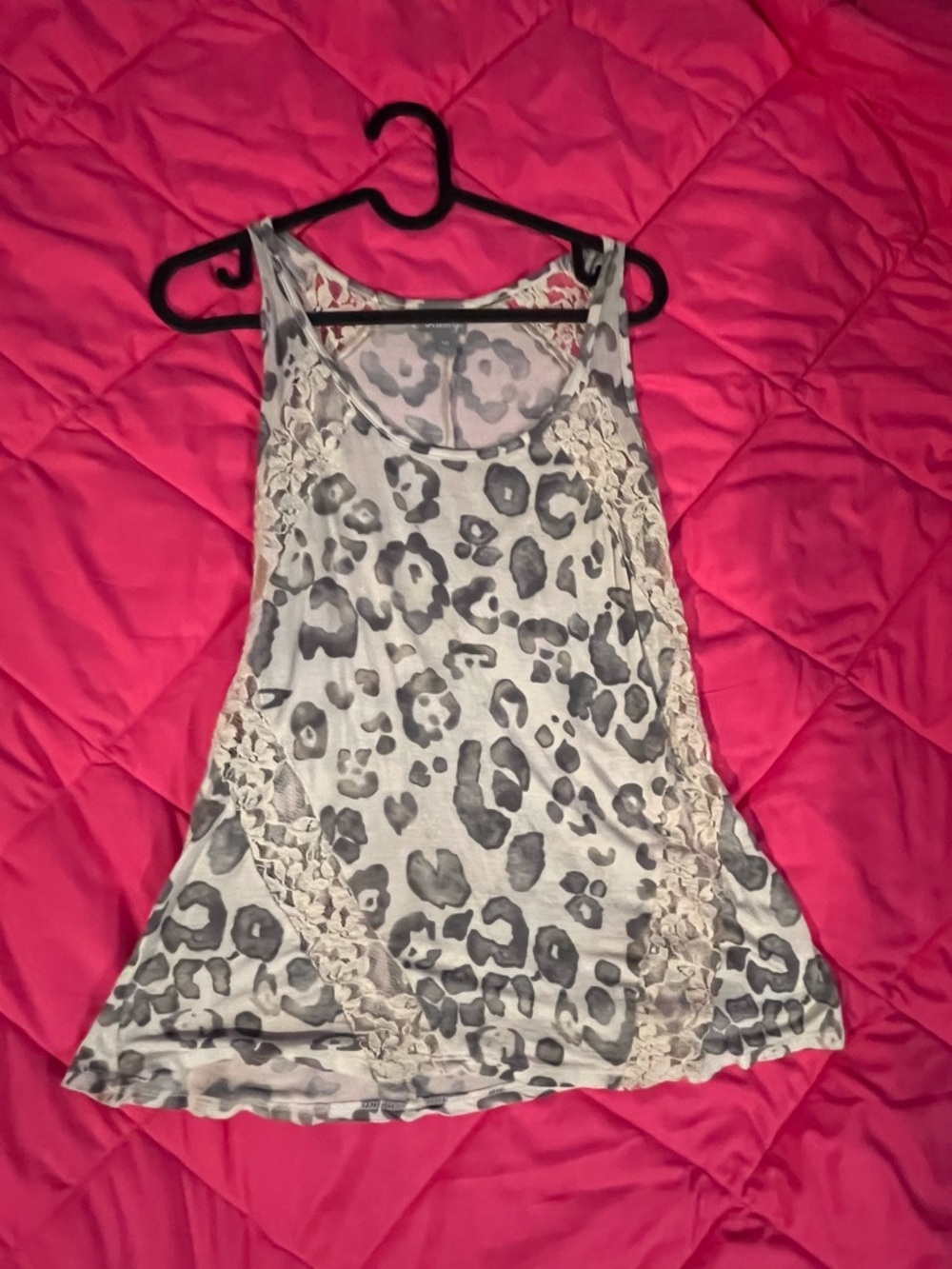 Vanity Gray Leopard Print Tank with Cream Lace Panels